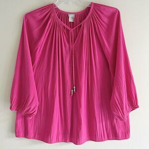 Chicos Bright Pink Peasant Top Plus Size 20 22 Womens Keyhole Tie Neck Flowy
